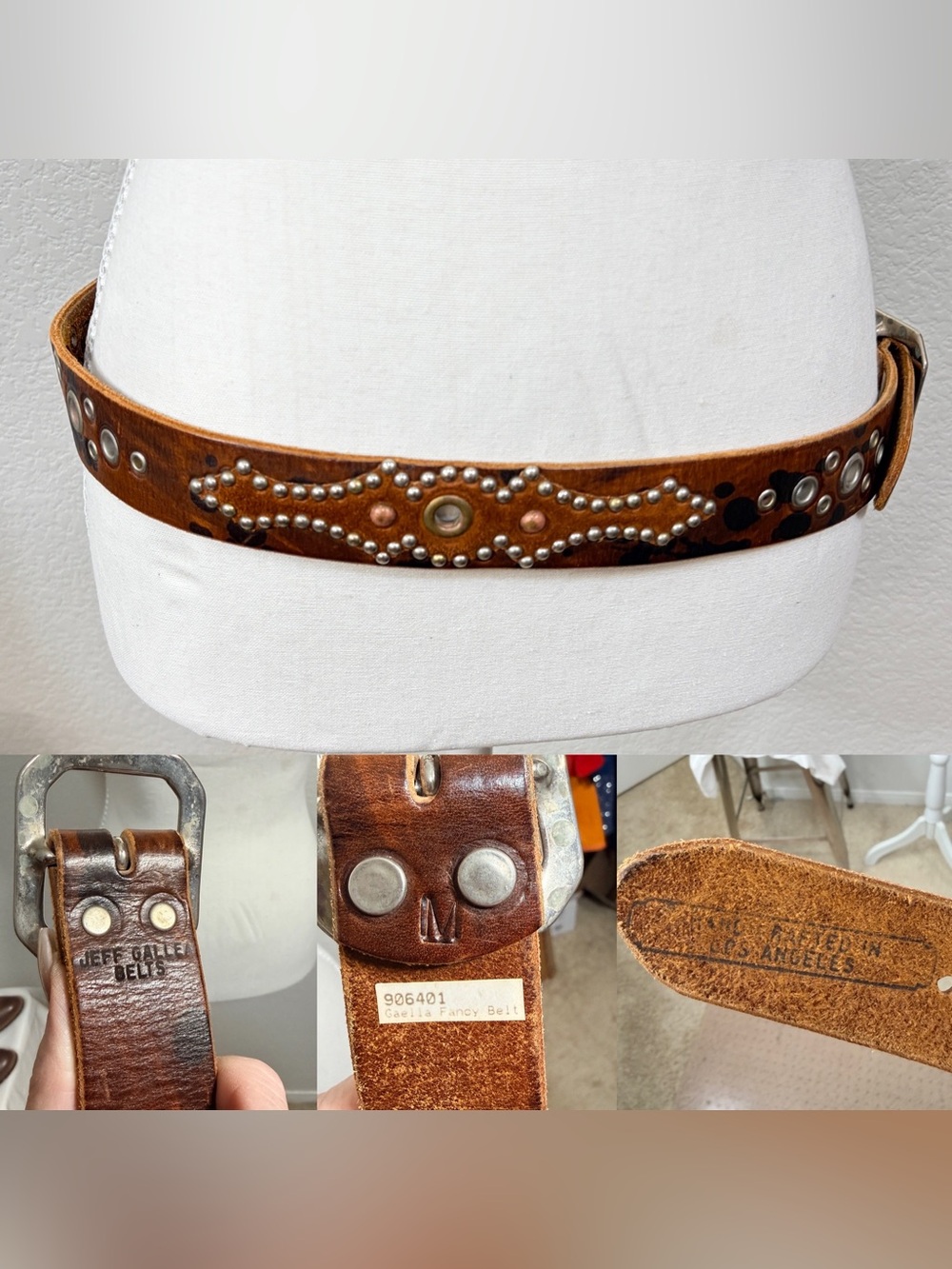 Jeff Gaella Vintage Hollywood Western Studded Brown Leather Belt MED Made USA